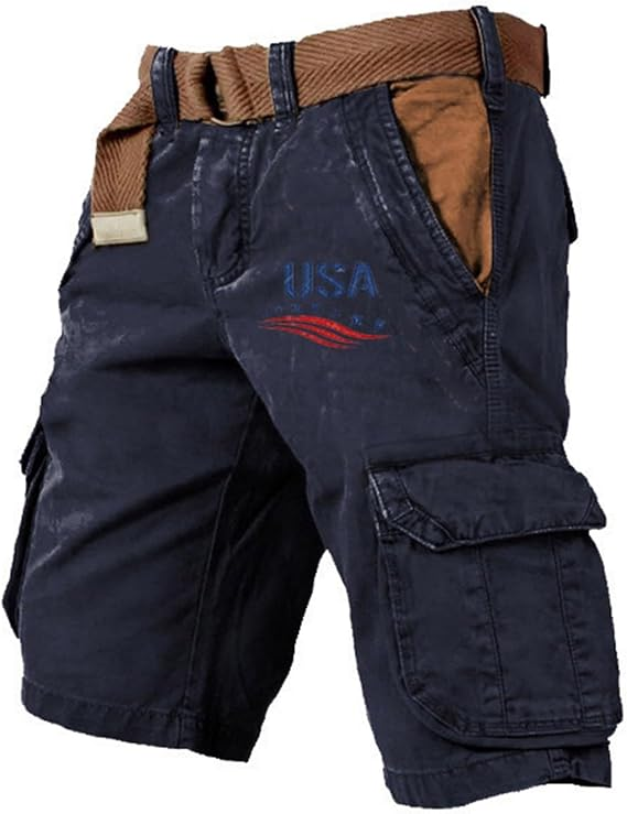 Men's Vintage Flag Independence Day Multi-Pocket Print Cargo Shorts (Belt Included)