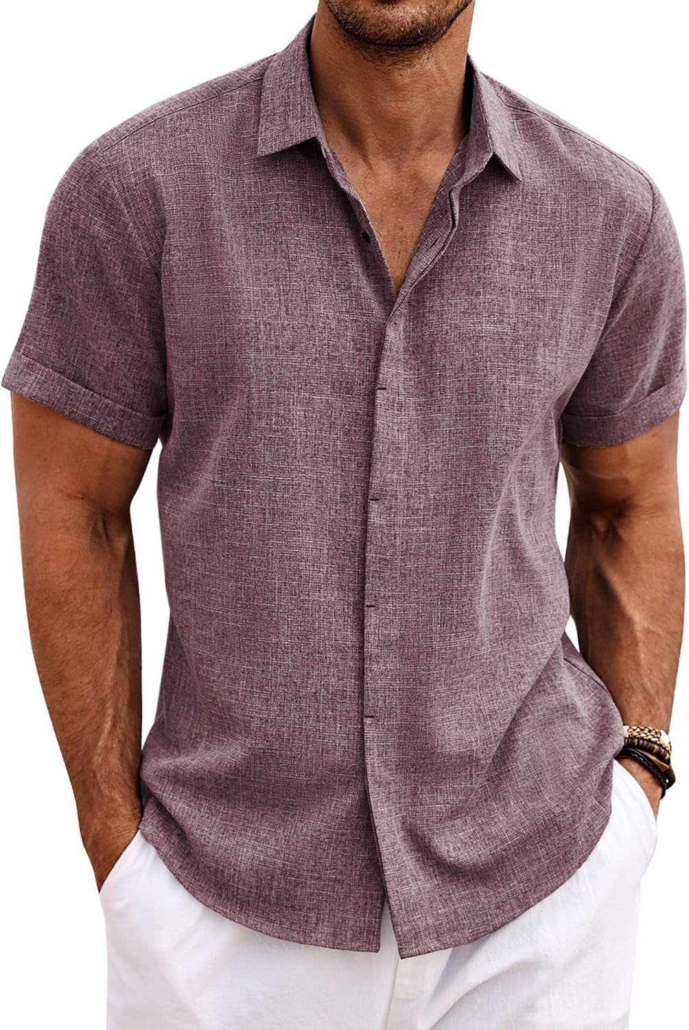 🔥Men's Linen Shirts Short Sleeve Casual Shirts Button Down Shirt for Men Beach Summer Wedding Shirt