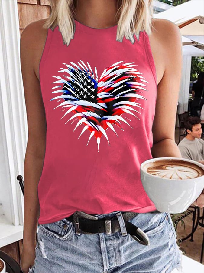 Women's Retro Independence Day Flag Heart Fireworks Print Round Neck Tank Top