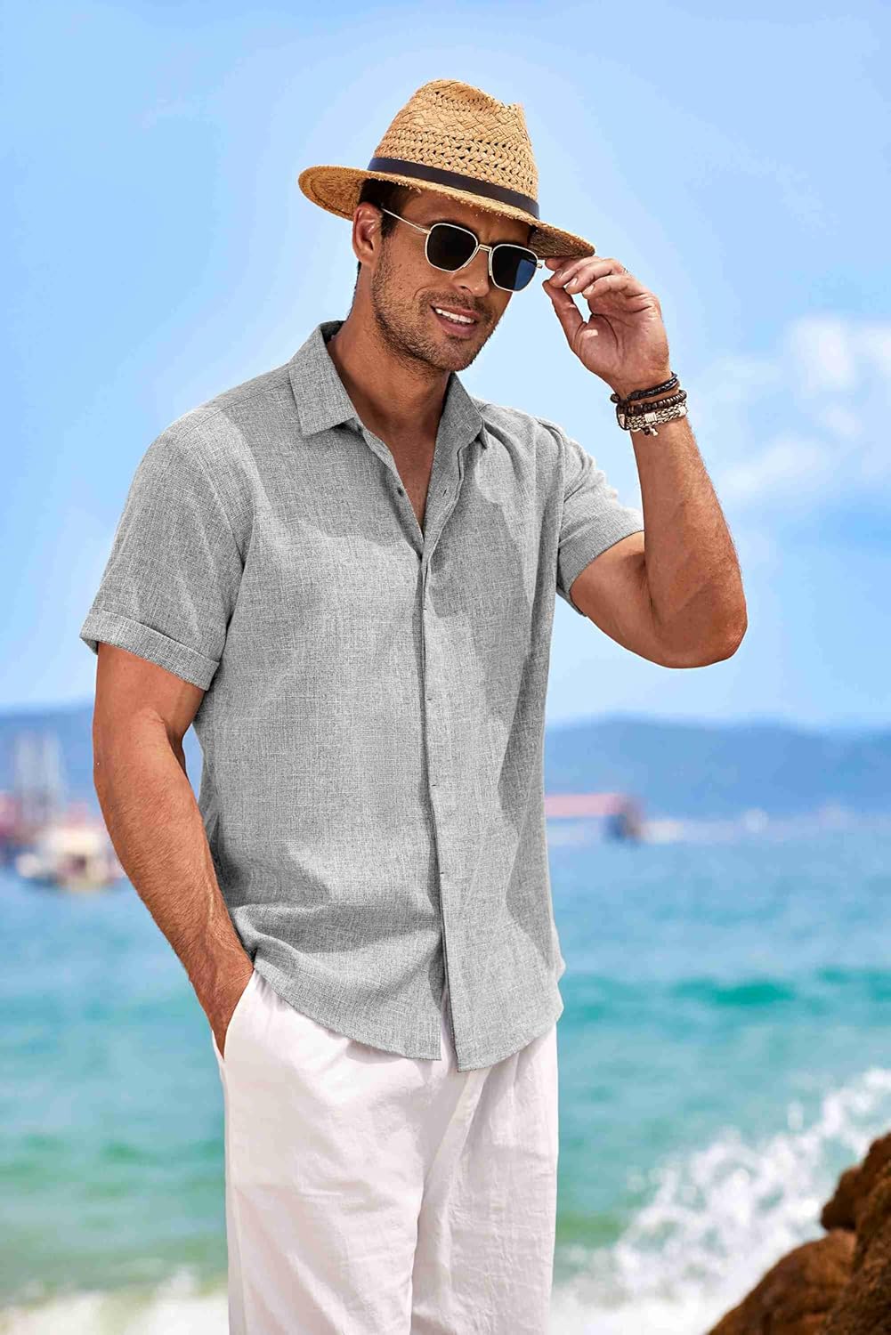 🔥Men's Linen Shirts Short Sleeve Casual Shirts Button Down Shirt for Men Beach Summer Wedding Shirt