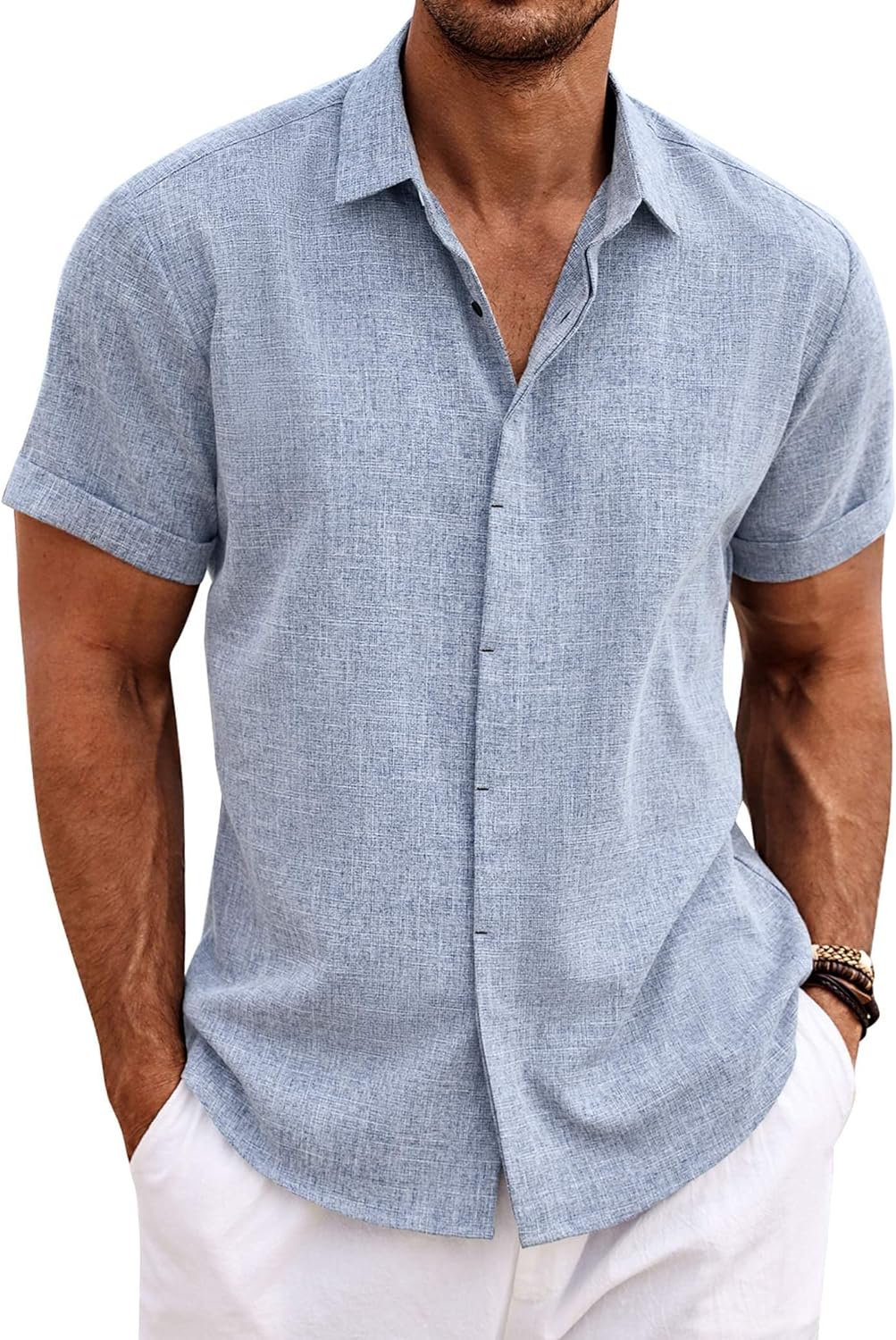 🔥Men's Linen Shirts Short Sleeve Casual Shirts Button Down Shirt for Men Beach Summer Wedding Shirt