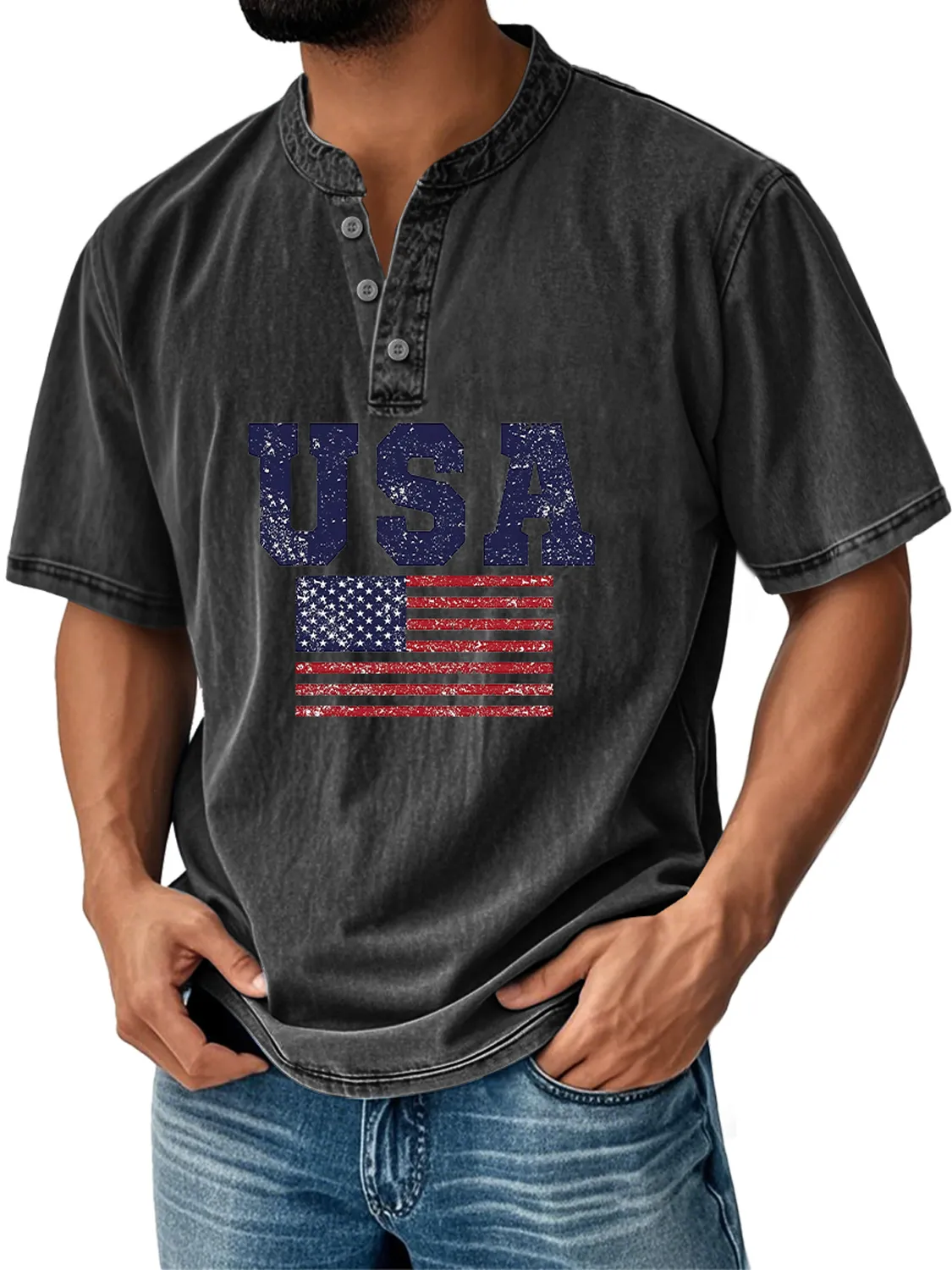 Men's Everyday Independence Day Flag Print Casual Stand Collar Short Sleeve Henley Shirt