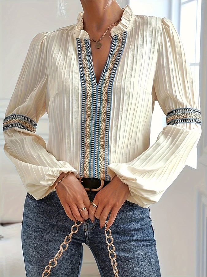 Women's Solid Color Lace Lantern Sleeve V-Neck Shirtwomen's Fashionable Lace Patchwork Suit