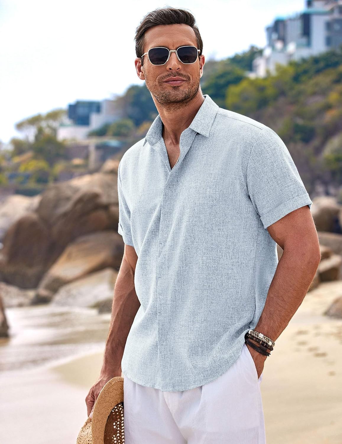 🔥Men's Linen Shirts Short Sleeve Casual Shirts Button Down Shirt for Men Beach Summer Wedding Shirt