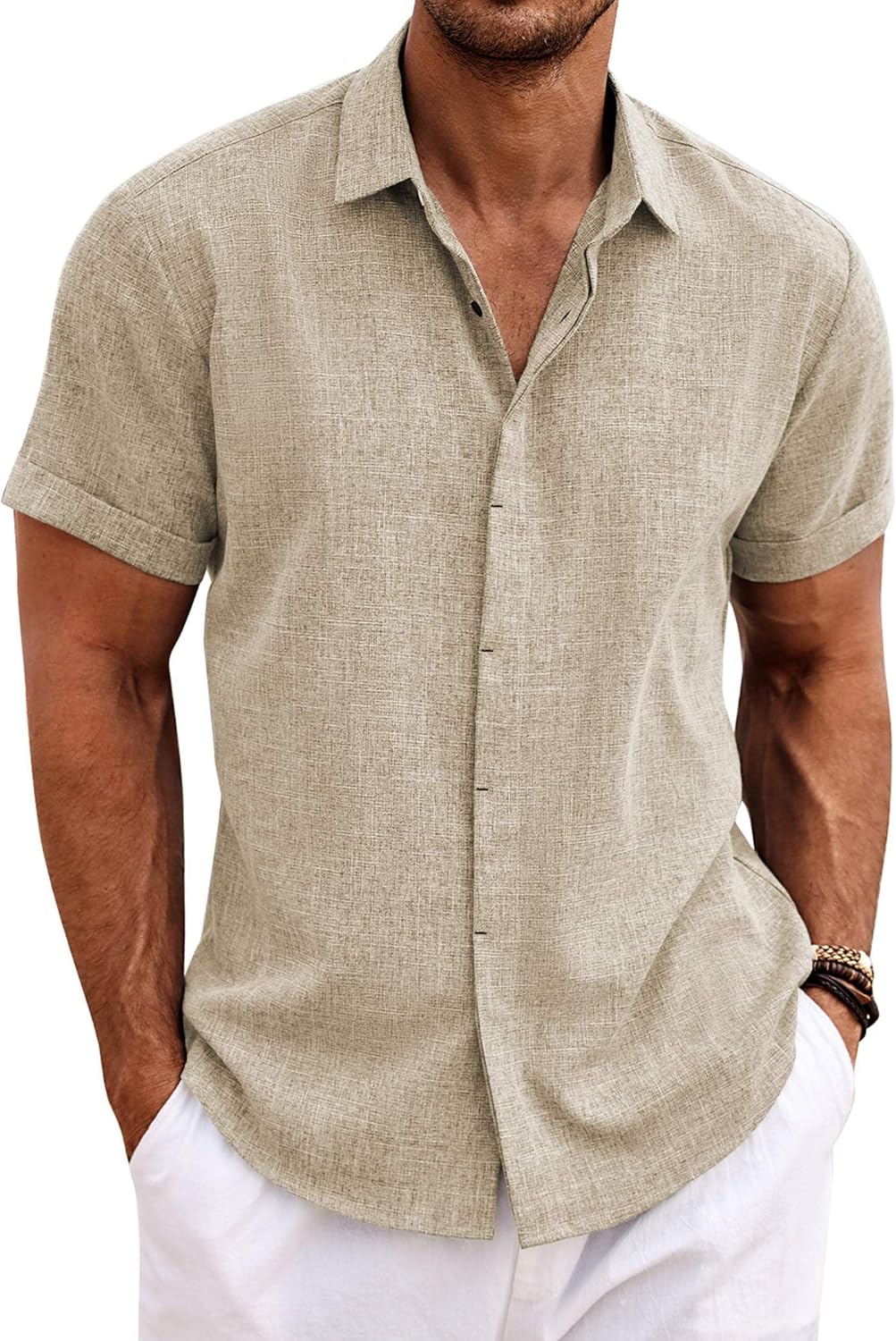 🔥Men's Linen Shirts Short Sleeve Casual Shirts Button Down Shirt for Men Beach Summer Wedding Shirt