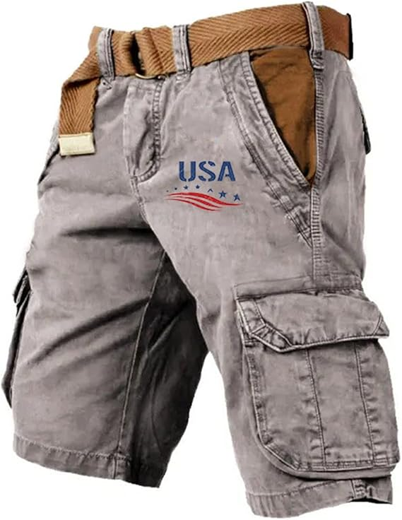 Men's Vintage Flag Independence Day Multi-Pocket Print Cargo Shorts (Belt Included)