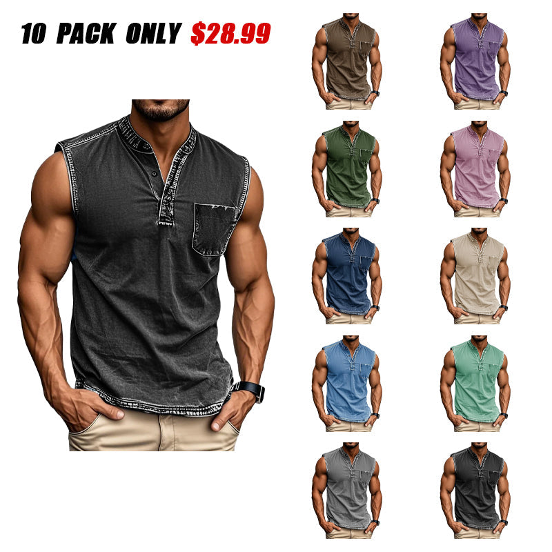 Men's Fashion Retro Distressed Stand-up Collar Pocket Sleeveless Henley Shirt