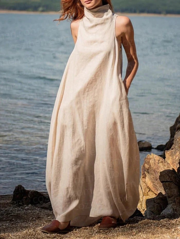 Women's Stand Collar Back Pleated Linen Maxi Dress
