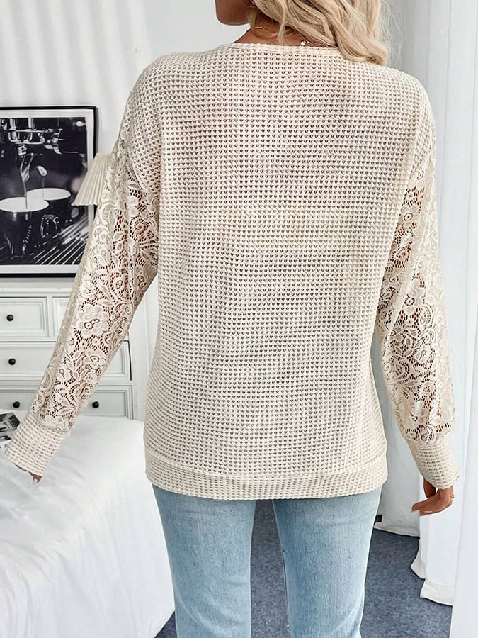 Women's Fashion Casual Lace Stitching Waffle Top