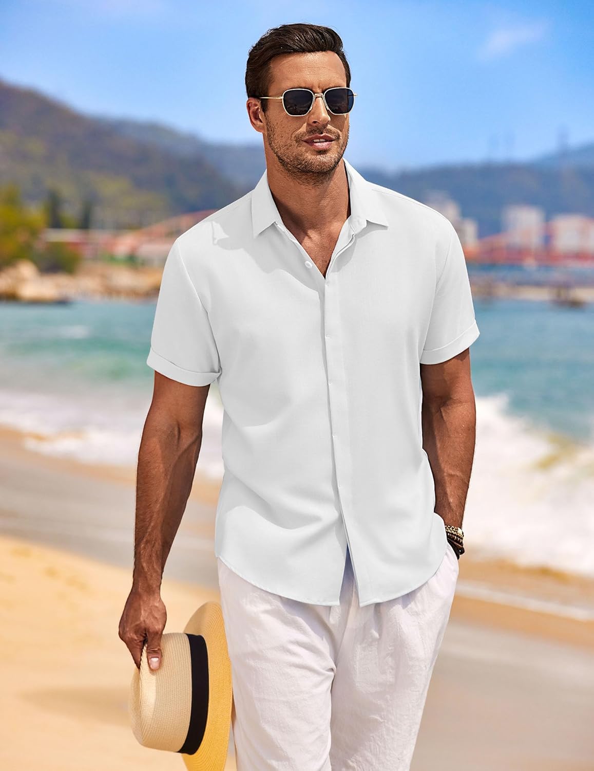 🔥Men's Linen Shirts Short Sleeve Casual Shirts Button Down Shirt for Men Beach Summer Wedding Shirt
