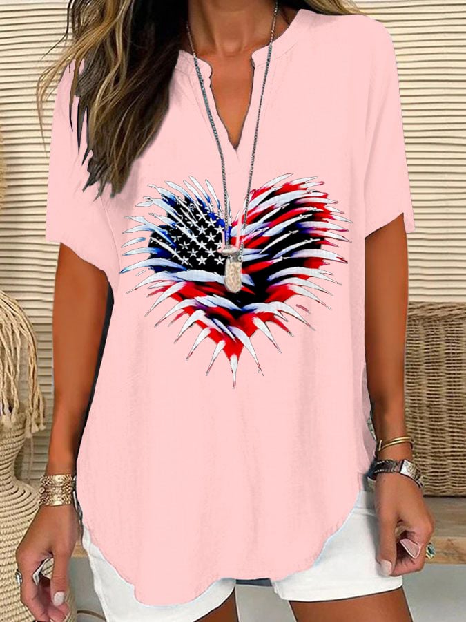 Women's Retro Independence Day Flag Heart Fireworks Print Short Sleeve Shirt