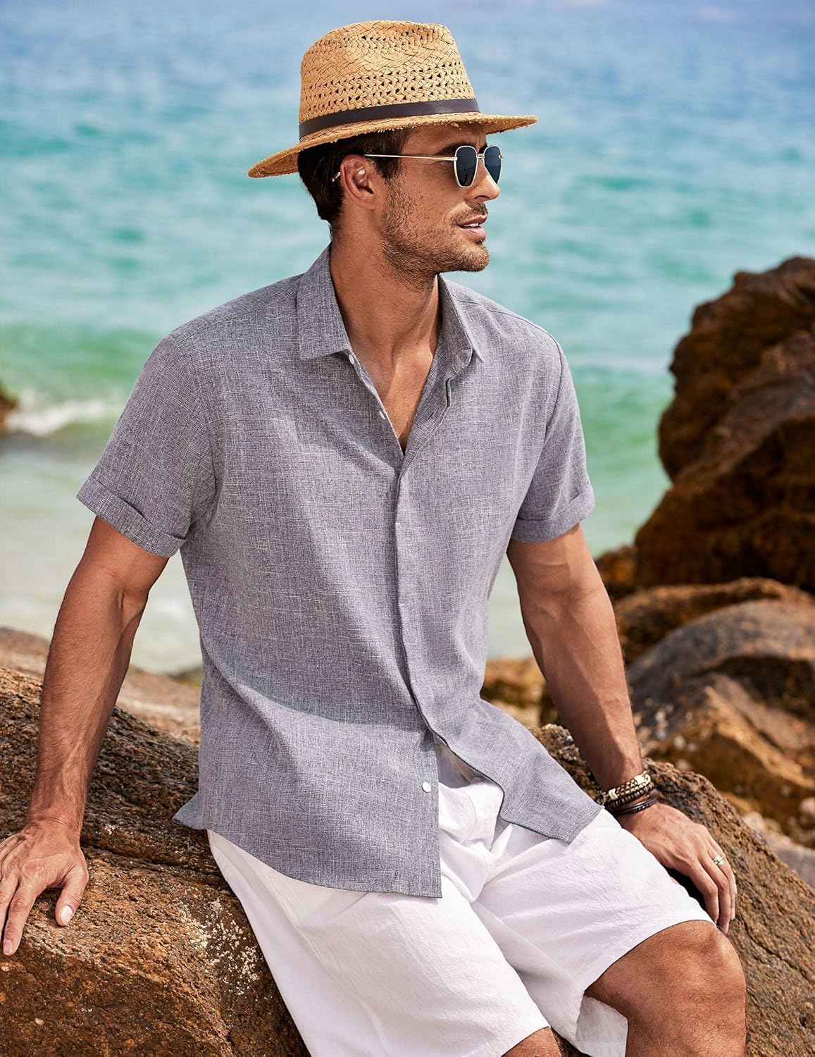 🔥Men's Linen Shirts Short Sleeve Casual Shirts Button Down Shirt for Men Beach Summer Wedding Shirt