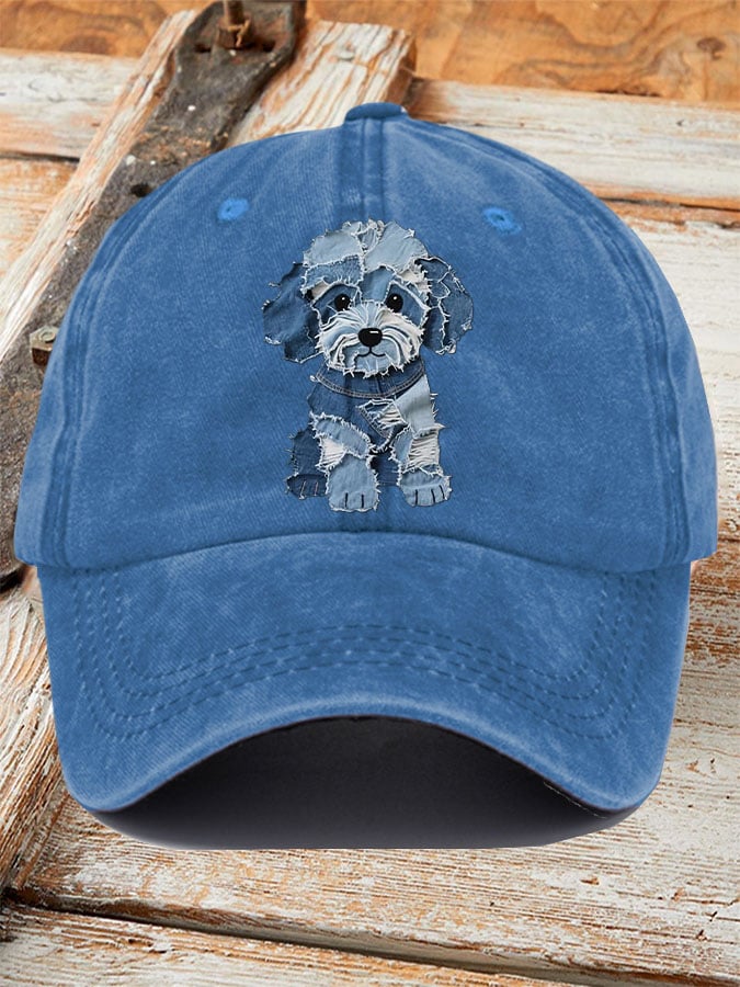 Unisex Retro Funny Denim Patch Animal Dog Print Baseball Cap