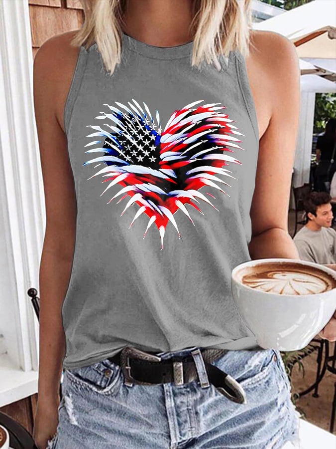 Women's Retro Independence Day Flag Heart Fireworks Print Round Neck Tank Top