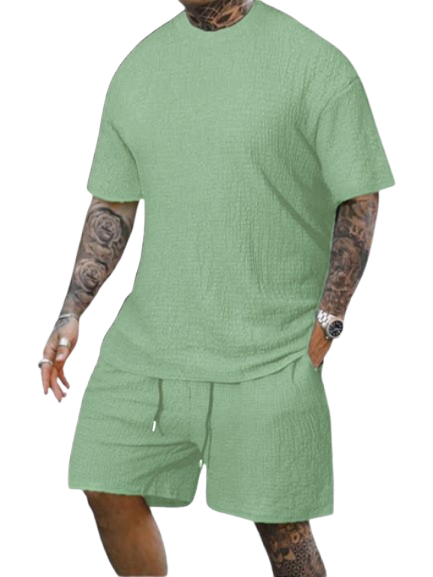 8 Pack-Men's Solid Textured Round Neck Tee & Drawstring Waist Shorts