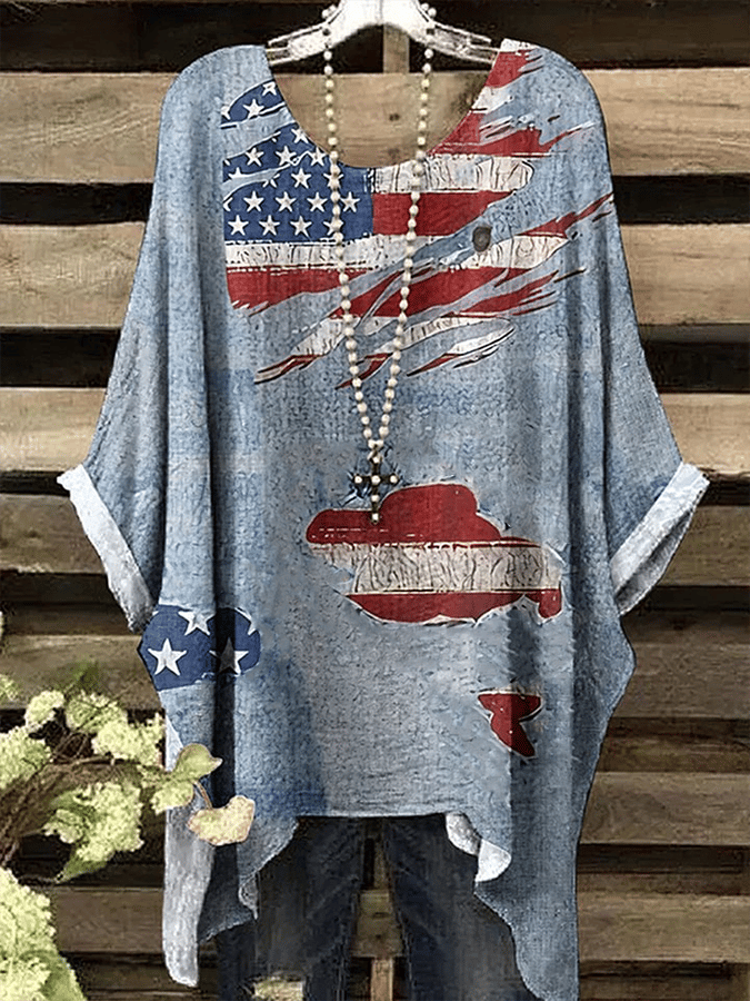 Women's Independence Day Vintage Flag Design Printed Loose Casual Top