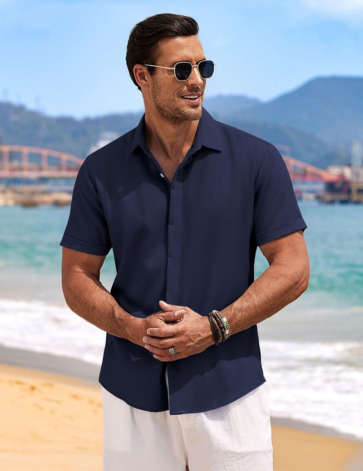 🔥Men's Linen Shirts Short Sleeve Casual Shirts Button Down Shirt for Men Beach Summer Wedding Shirt