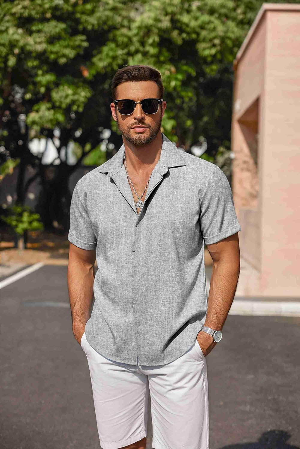 🔥Men's Linen Shirts Short Sleeve Casual Shirts Button Down Shirt for Men Beach Summer Wedding Shirt