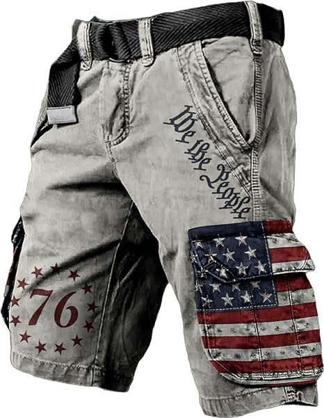 Men's Vintage Flag Independence Day Multi-Pocket Print Cargo Shorts (Belt Included)