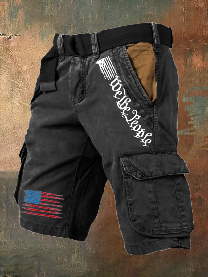 Men's Vintage Flag Independence Day Multi-Pocket Print Cargo Shorts (Belt Included)