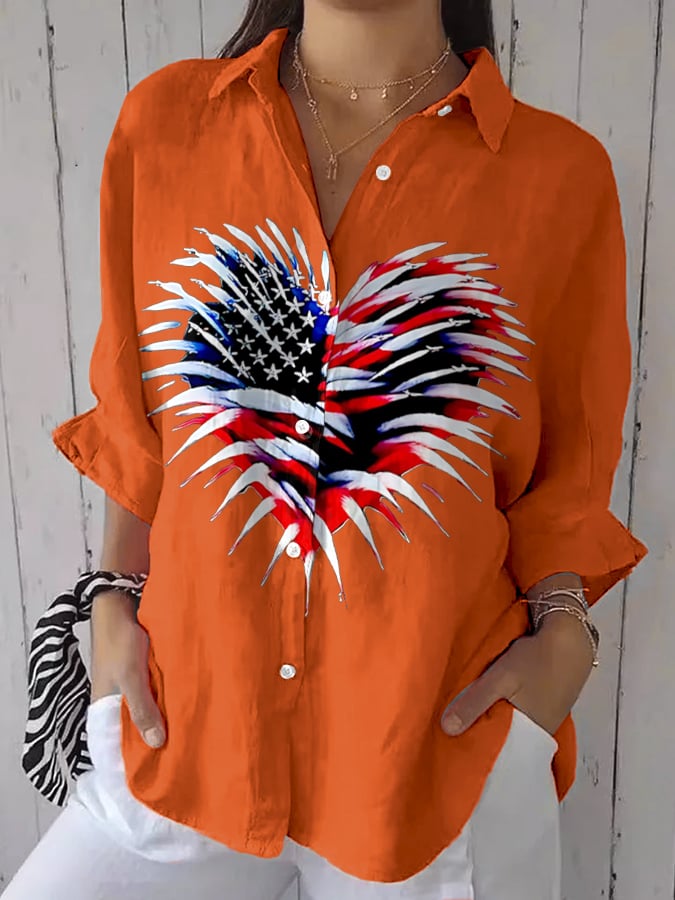 Women's Retro Independence Day Flag Heart Fireworks Print Casual Shirt
