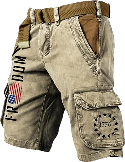 Men's Vintage Flag Independence Day Multi-Pocket Print Cargo Shorts (Belt Included)
