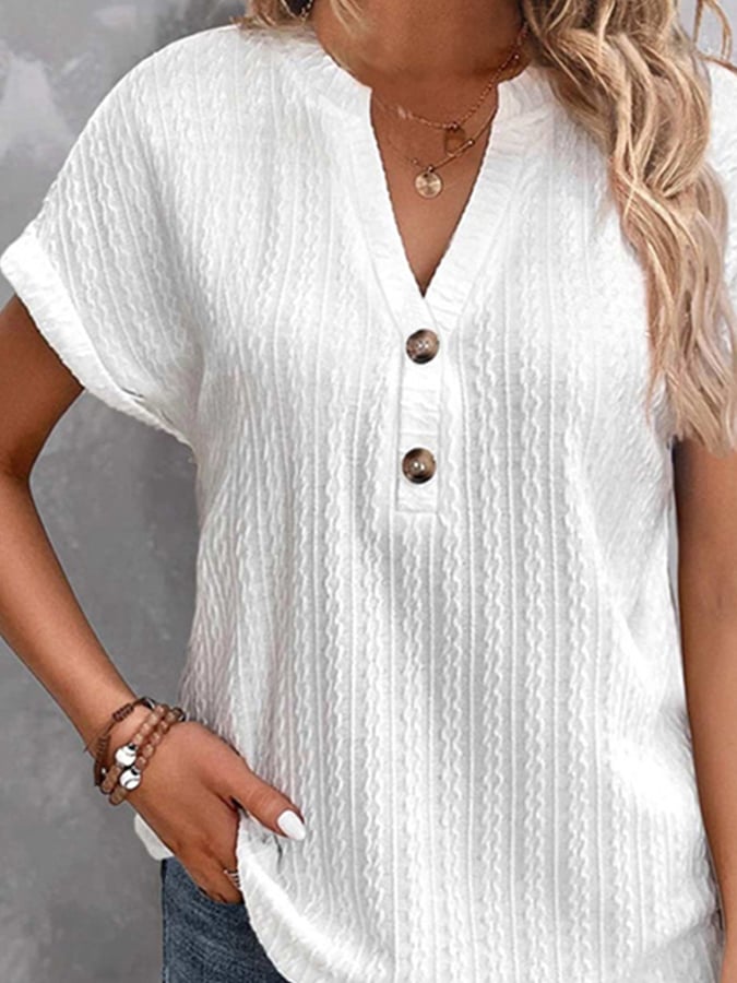 Women's Jacquard Casual Batwing Short Sleeve Solid Color V-Neck Button T-Shirt