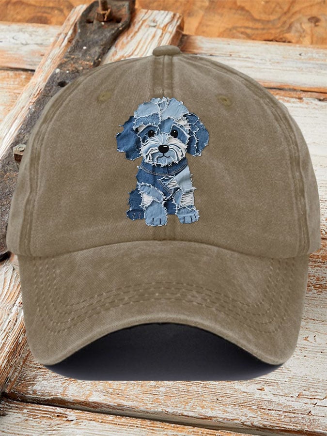 Unisex Retro Funny Denim Patch Animal Dog Print Baseball Cap