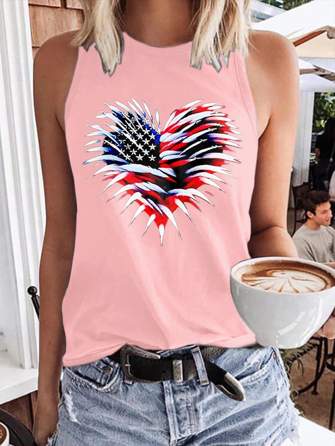 Women's Retro Independence Day Flag Heart Fireworks Print Round Neck Tank Top