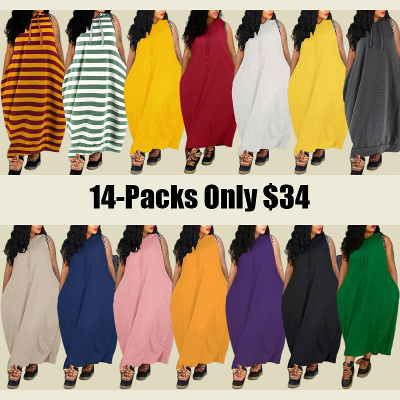 š„Last day promotionā°-Women's Plain Drawstring Hooded Tank Dress, Casual Pocket Sleeveless Maxi Dress for Summer, Fashion Women's Clothing for Daily Wear