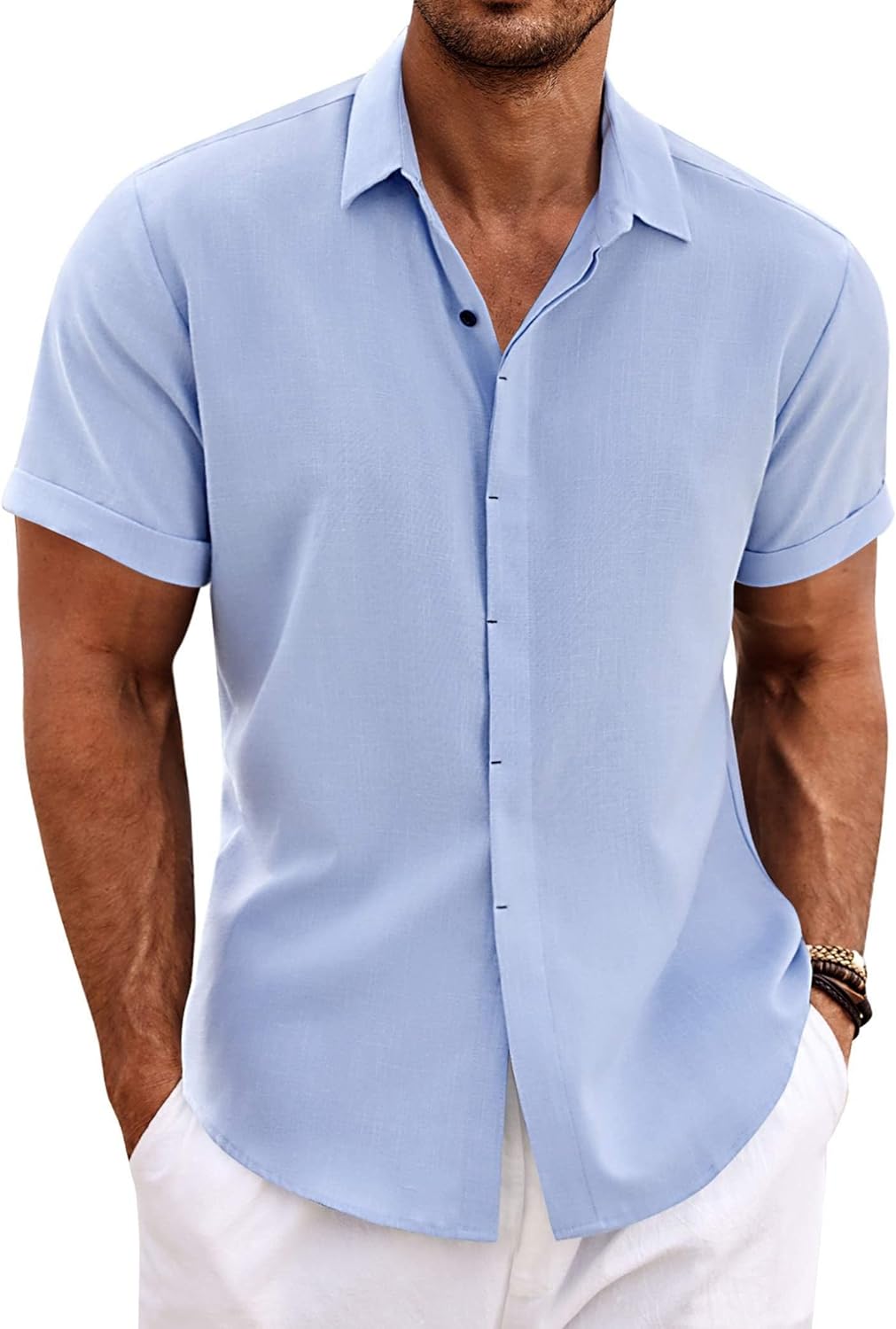 🔥Men's Linen Shirts Short Sleeve Casual Shirts Button Down Shirt for Men Beach Summer Wedding Shirt
