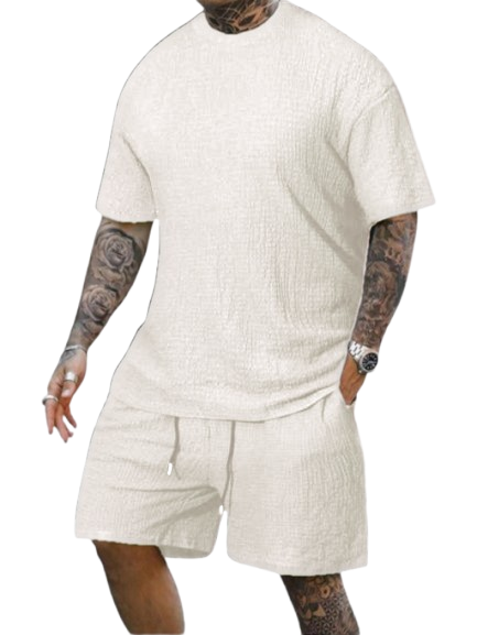 8 Pack-Men's Solid Textured Round Neck Tee & Drawstring Waist Shorts