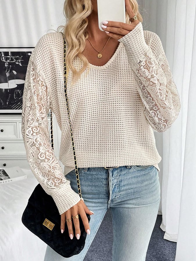 Women's Fashion Casual Lace Stitching Waffle Top