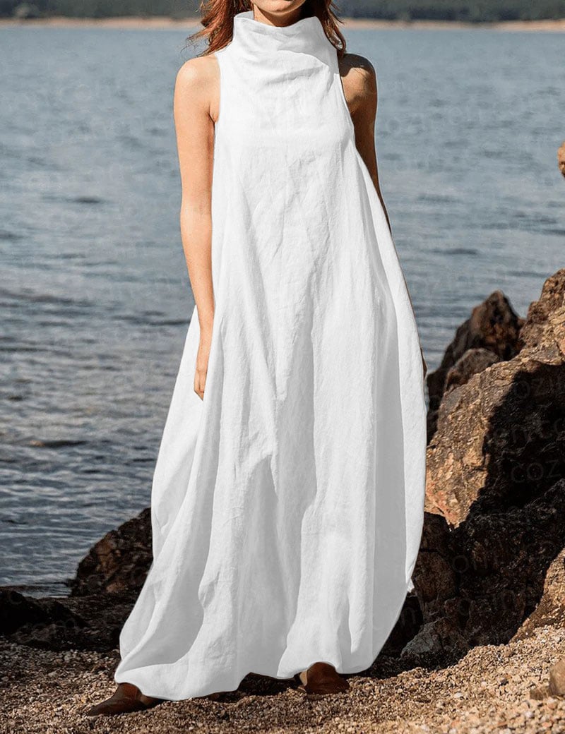 Women's Stand Collar Back Pleated Linen Maxi Dress