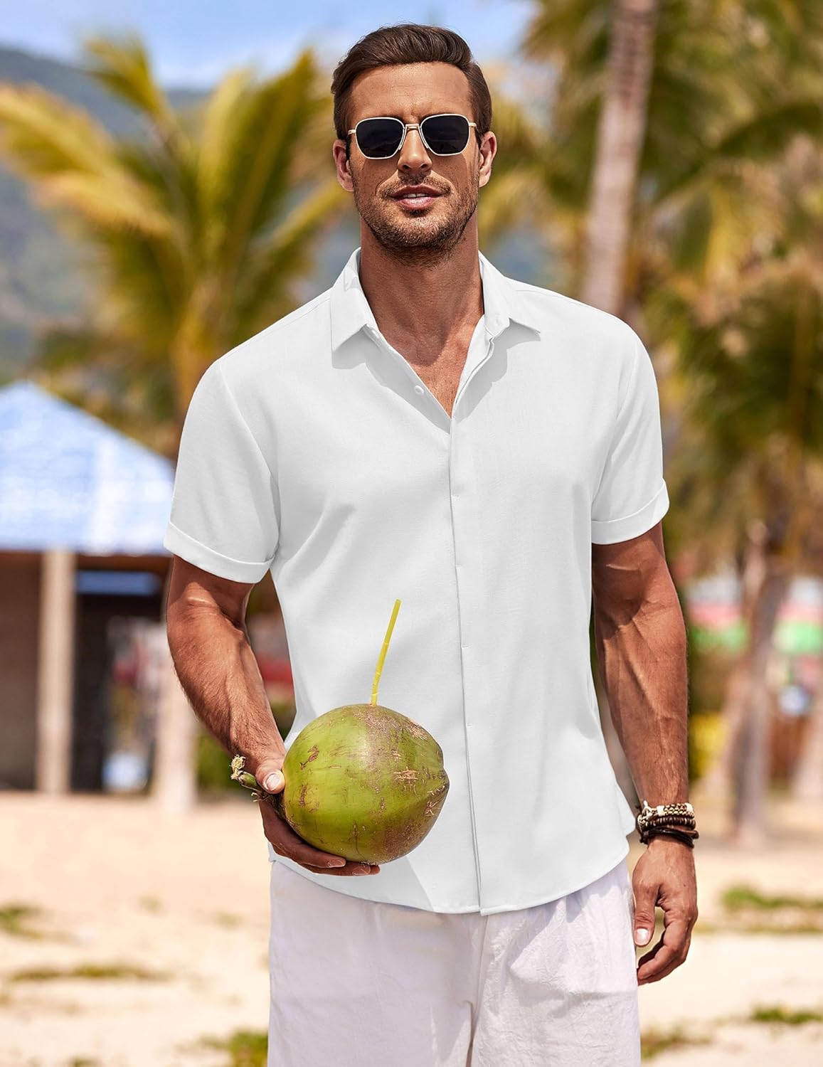 🔥Men's Linen Shirts Short Sleeve Casual Shirts Button Down Shirt for Men Beach Summer Wedding Shirt