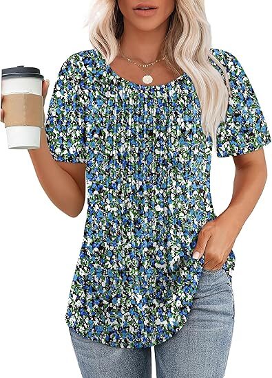 🔥Last Day Promotion🔥Womens T Shirts Short Sleeve Pleated Dressy Casual Scooped Neck Summer Tops Blouses