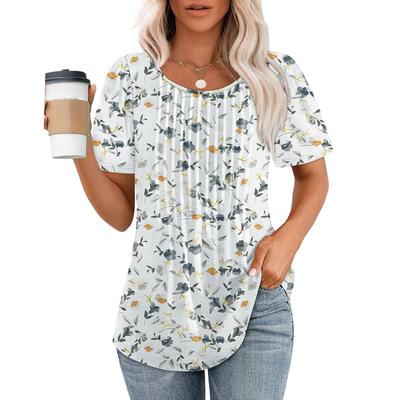 🔥Last Day Promotion🔥Womens T Shirts Short Sleeve Pleated Dressy Casual Scooped Neck Summer Tops Blouses