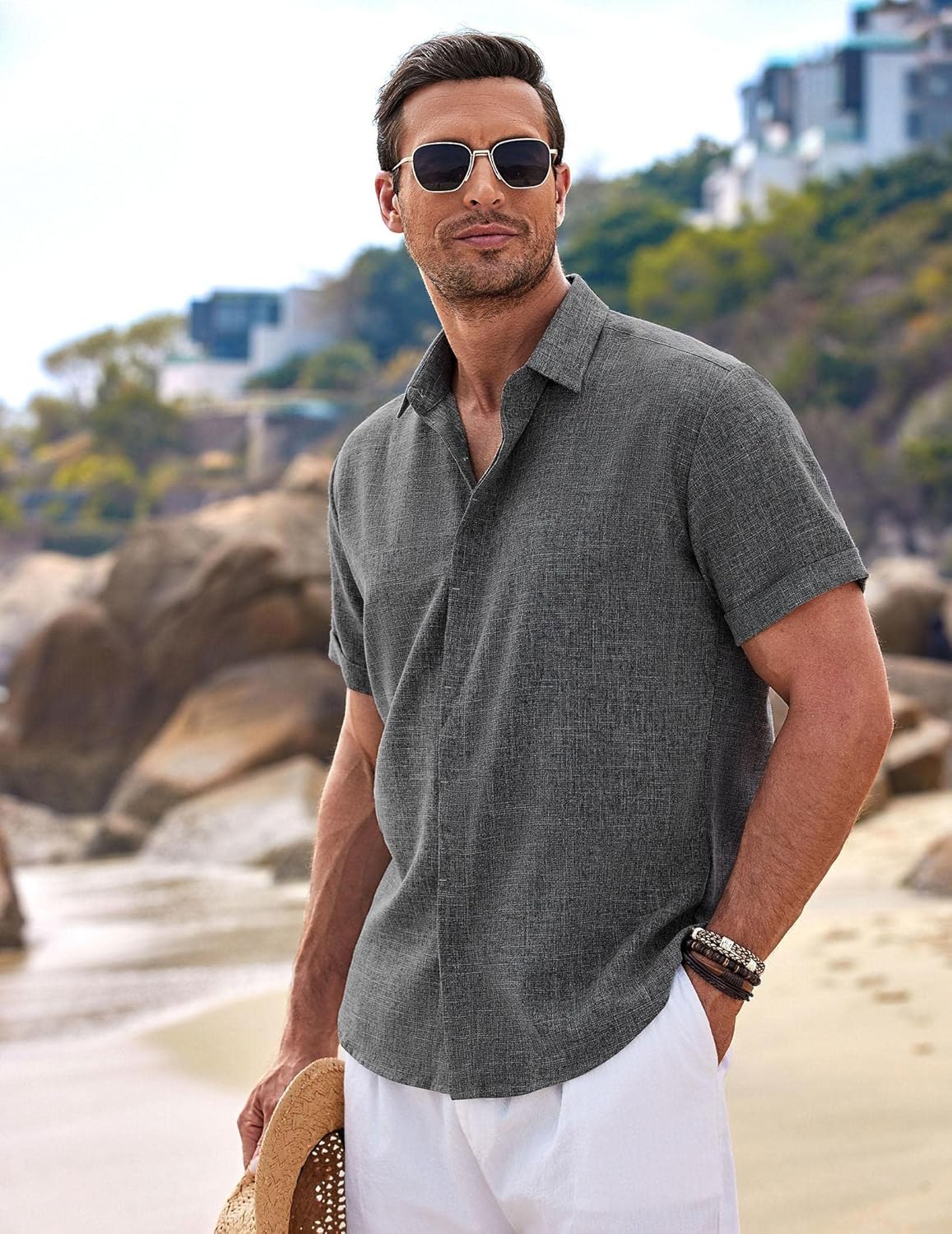 🔥Men's Linen Shirts Short Sleeve Casual Shirts Button Down Shirt for Men Beach Summer Wedding Shirt