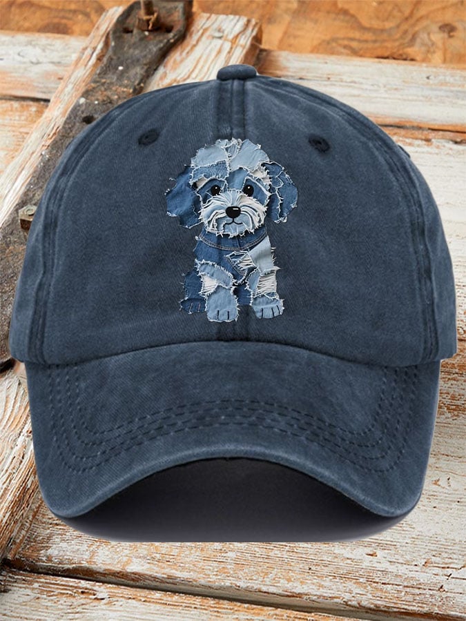 Unisex Retro Funny Denim Patch Animal Dog Print Baseball Cap