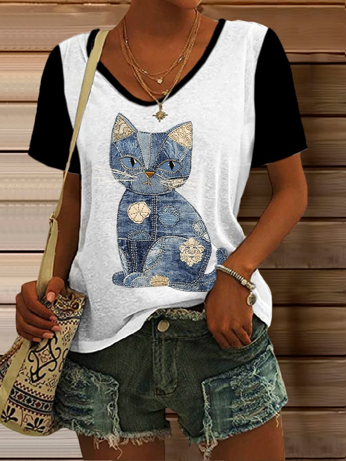 Women's Retro Animal Cat Print T-Shirt