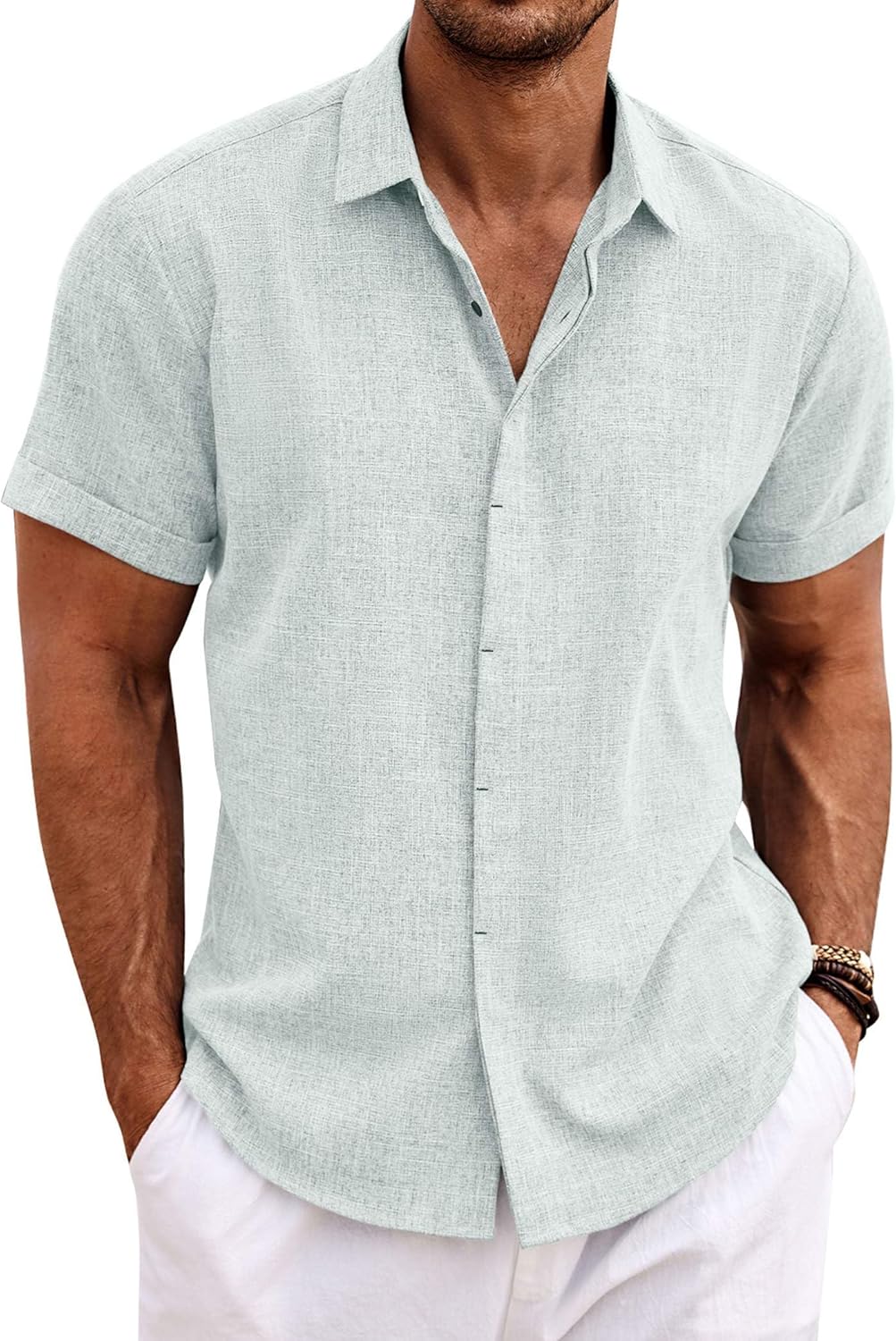 🔥Men's Linen Shirts Short Sleeve Casual Shirts Button Down Shirt for Men Beach Summer Wedding Shirt