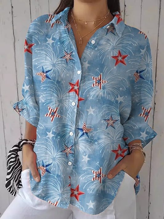 Women's Geometric Star Faux Linen Print Casual Lapel Shirt