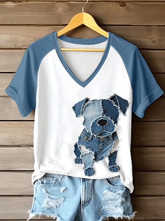 Women's Retro Funny Denim Patch Animal Dog Print Raglan Short Sleeve T-Shirt