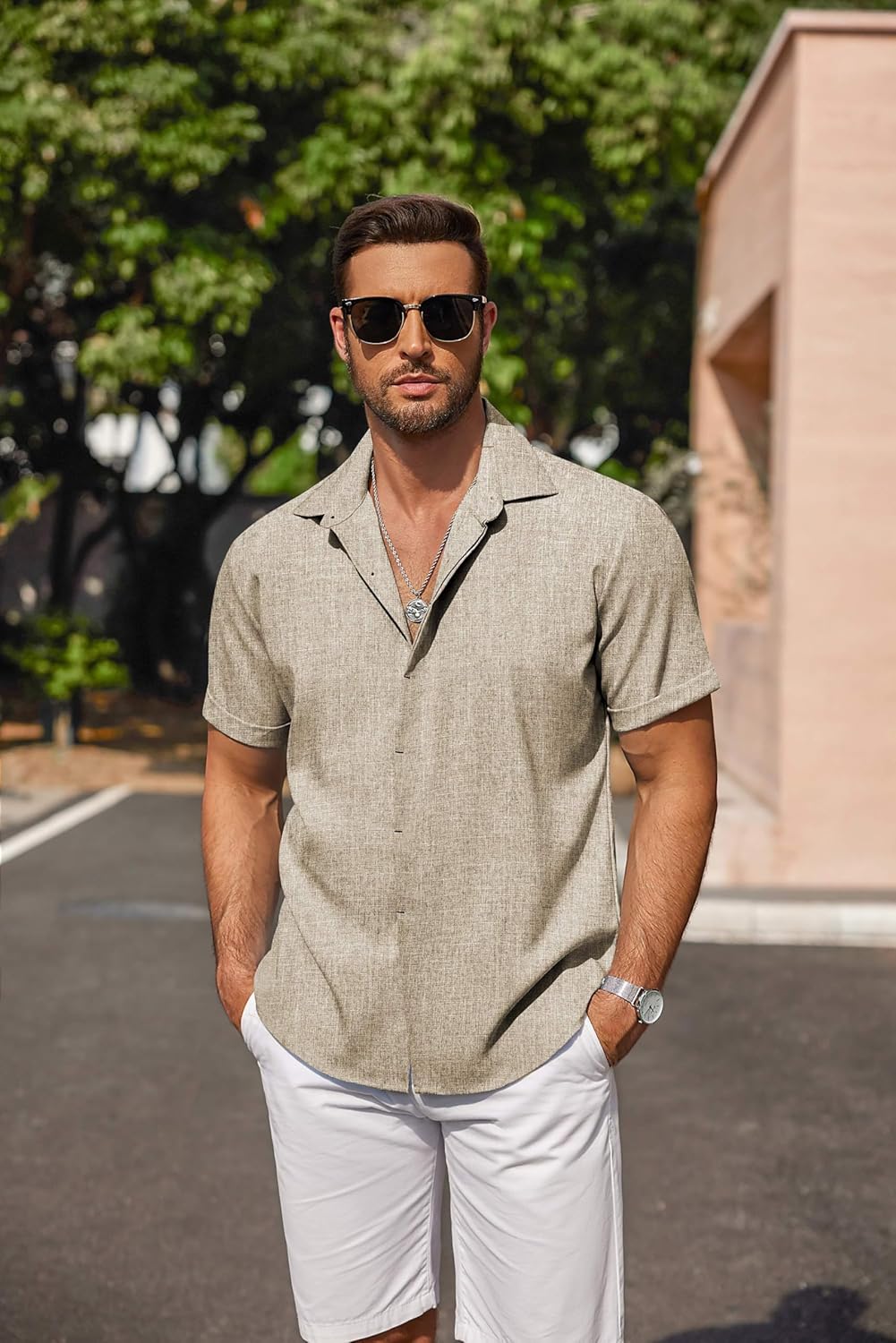 🔥Men's Linen Shirts Short Sleeve Casual Shirts Button Down Shirt for Men Beach Summer Wedding Shirt