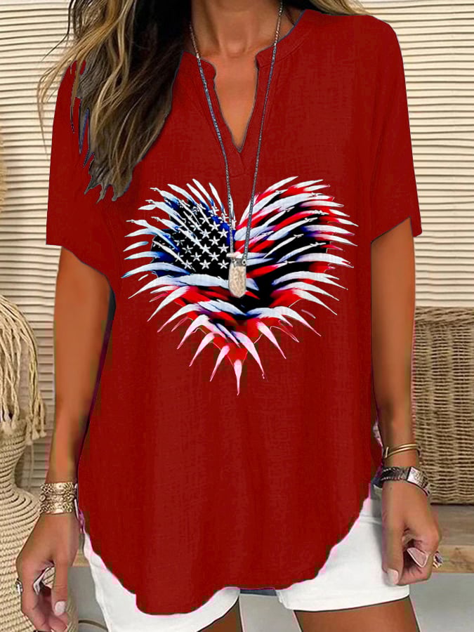 Women's Retro Independence Day Flag Heart Fireworks Print Short Sleeve Shirt