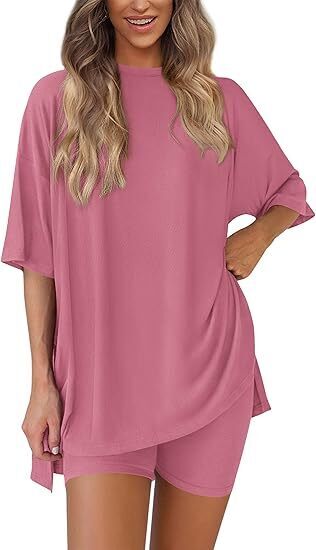 🔥Women's Two Piece Lounge Set 2025 Summer Casual Oversized Shirts Biker Shorts Matching Airport Travel Outfit