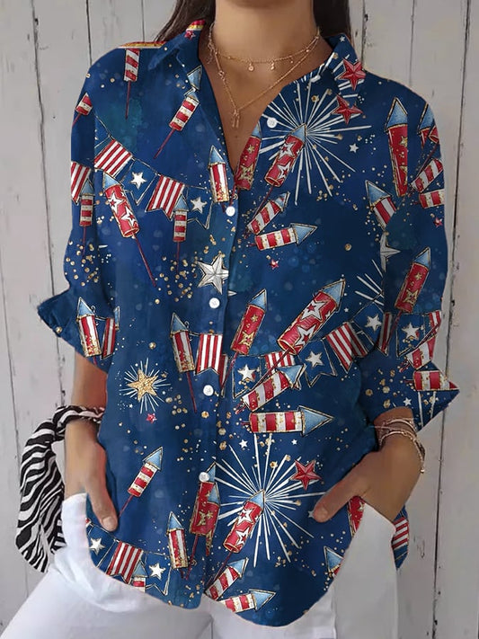 Women's Geometric Fireworks Faux Linen Print Casual Lapel Shirt