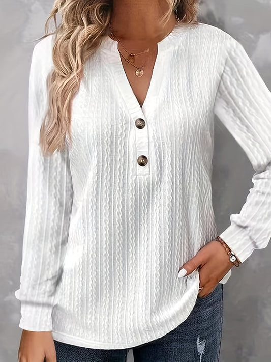 Women's Jacquard Casual Long Sleeve Solid Color V-Neck Button Knit Shirt
