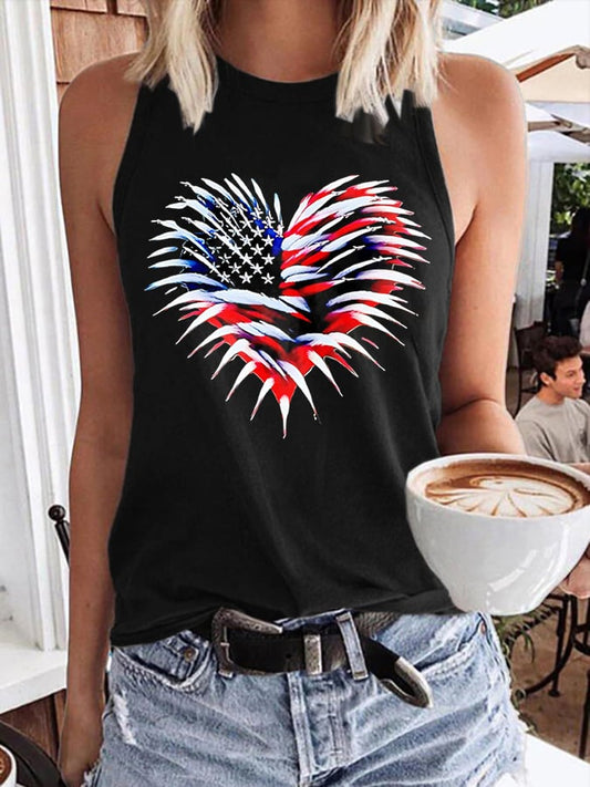 Women's Retro Independence Day Flag Heart Fireworks Print Round Neck Tank Top