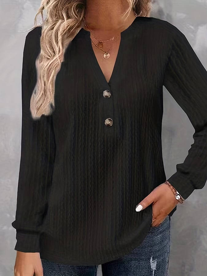Women's Jacquard Casual Long Sleeve Solid Color V-Neck Button Knit Shirt